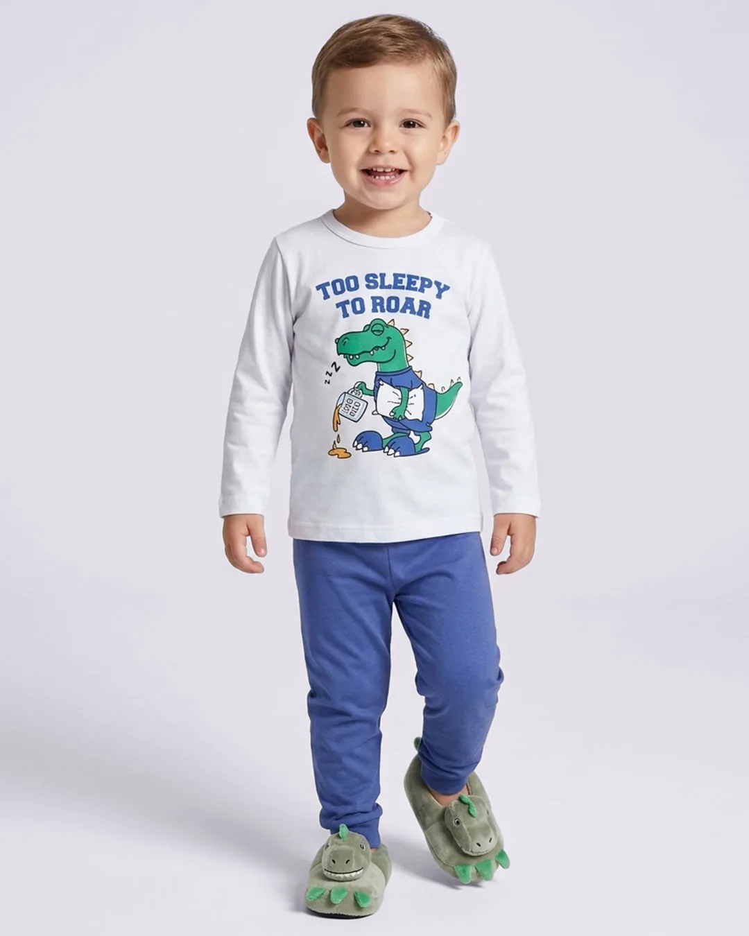 Pijama Bebê Longo Estampa Dinossauro Branco