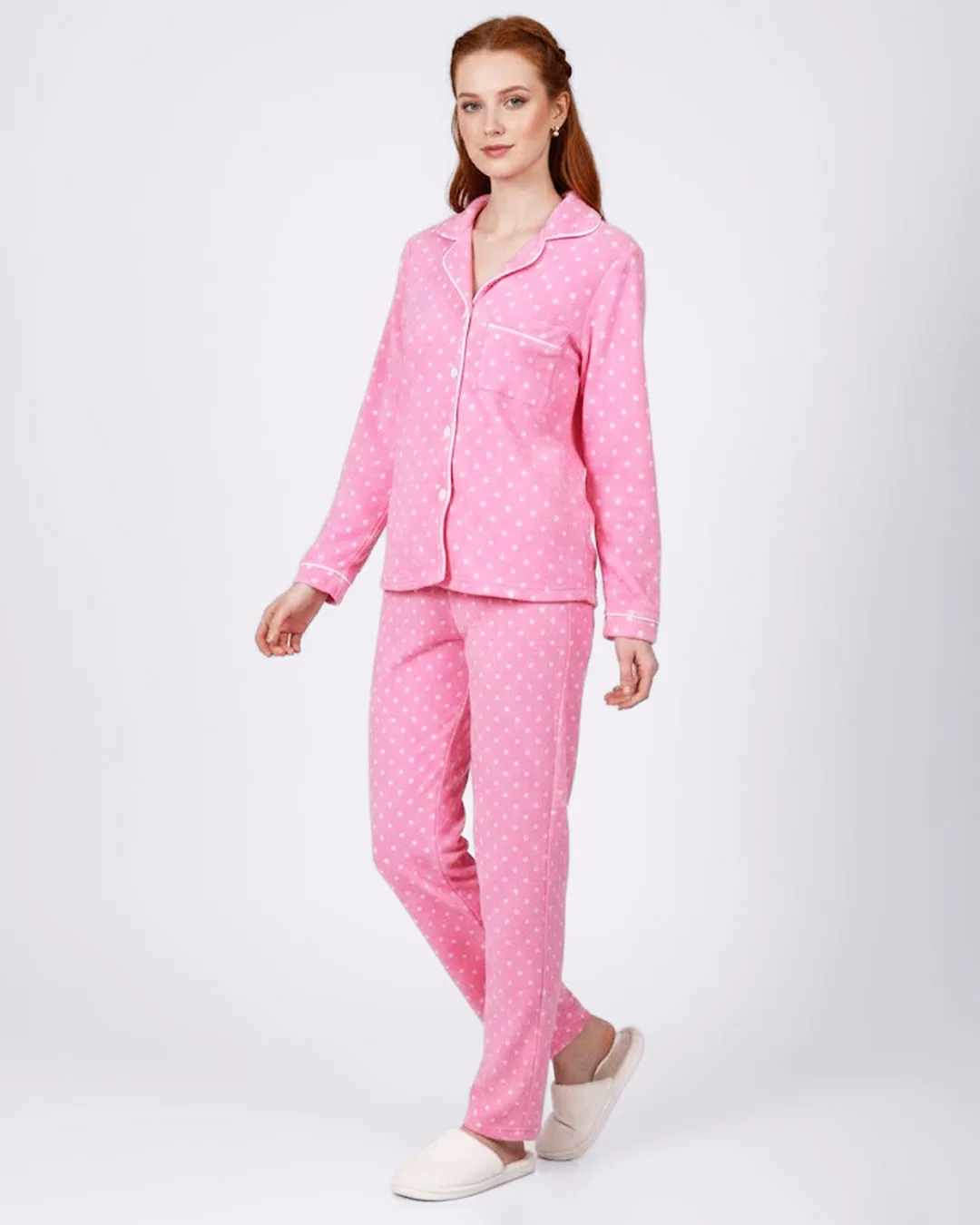 Pijama Feminino Longo Soft Americano Poá Rosa