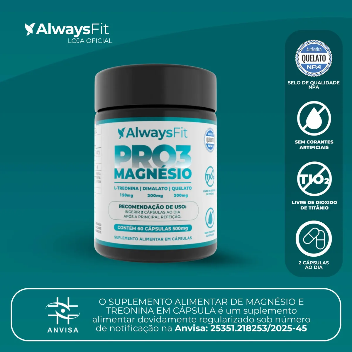 Pro3Magnésio Always Fit Kit 3 Magnésio Treonato Quelato Dimalato 60 Cápsulas