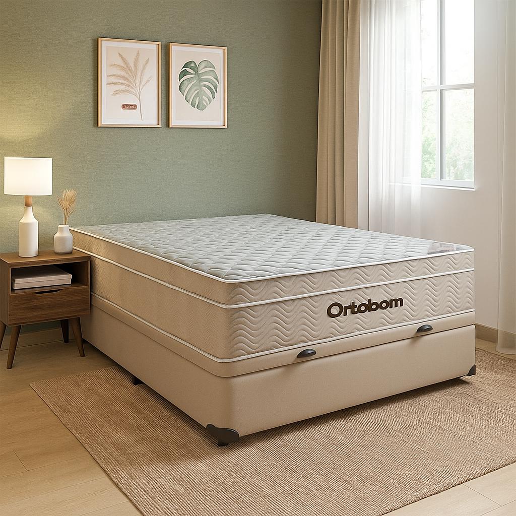 Cama Box Baú Casal Bege e Colchão Ortobom Airtech Molas Ensacadas Bege
