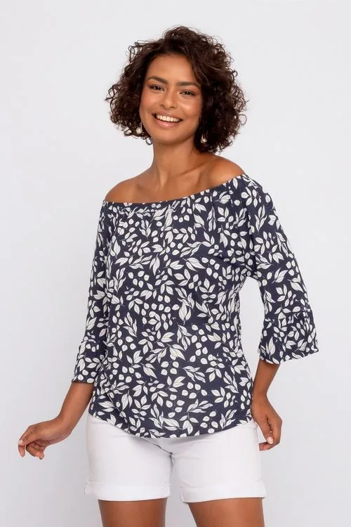 Blusa Ciganinha Feminina com Estampa Folhagem Azul Marinho
