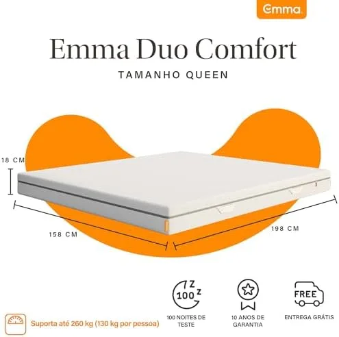 Colchão Queen Emma Duo Comfort - 158x198x18 cm, Conforto de Dupla Face, Suporte ideal para o corpo, Alta Durabilidade, Capa Lavável, 100 Noites de Teste, 10 anos de garantia