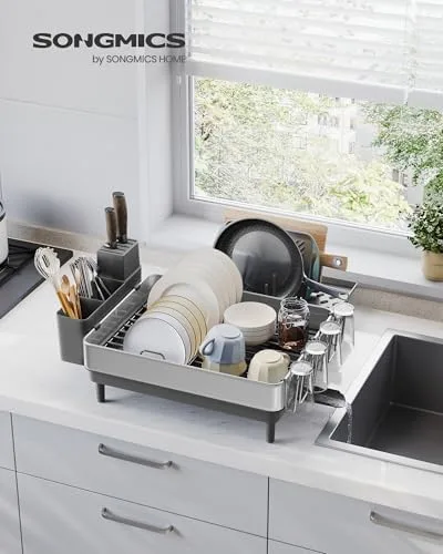 SONGMICS Escorredor de Louça, Escorredor Extensível para Cozinha, Aço Inoxidável, com Bico Extensível, Suportes para Utensílios, Copos e Tábuas de Corte, Prata e Cinza e BRKCS037G01V1
