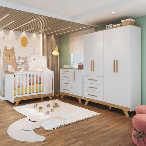 Quarto de Bebê Completo com Guarda Roupa Cômoda e Berço 100% Mdf Jolie Retrô Yescasa