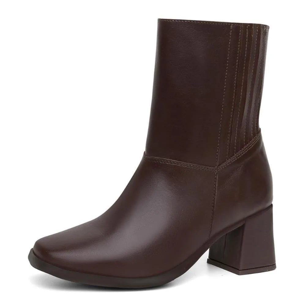 Bota Feminina Couro Cano Médio Zíper Lateral Salto Grosso Marrom