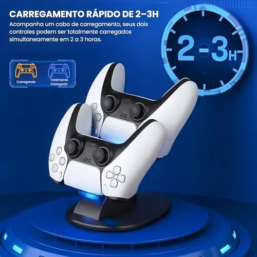 Base de Carregamento PS5 - Estação com Dock Duplo para Dois Controles com LED e Compatibilidade Total, Carregamento Rápido, Seguro e Proteção Contra Sobrecarga Suporte Ideal para Setup Gamer