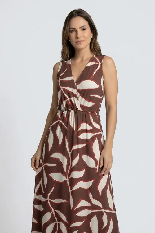 Vestido Longo Feminino Folhagem Botânica