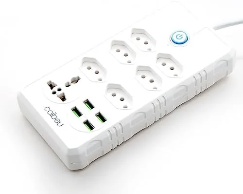Extensão Tomada, Régua Tomada, Régua de Energia, 6 Tomadas, 4 Interfaces USB, 1 Tomada Universal, Cabo de Alimentação de 1,9 metros, Suporte a Tensão de 110-220V, Potência de 2500W, Branco