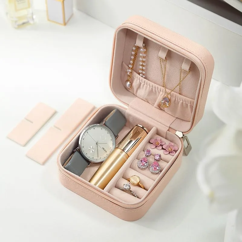 Porta Joias Pequeno Couro Mini Estojo Organizador de Joias Bijuterias Colar Pulseira Relógio Ideal para Viagens e Organização de Armário Portátil (Rosa)