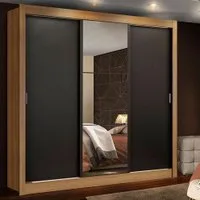 Guarda Roupa Casal Madesa Mônaco 3 Portas de Correr com Espelho - Rustico/Preto