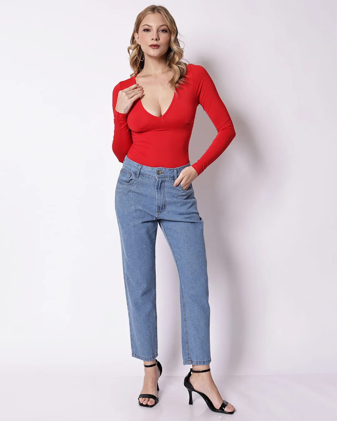 Calça Jeans Feminina Mom com Strass Azul