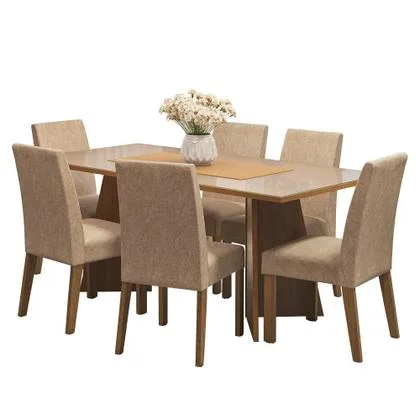 Conjunto Mesa de Jantar 6 Lugares Tampo de Vidro Valerie Madesa