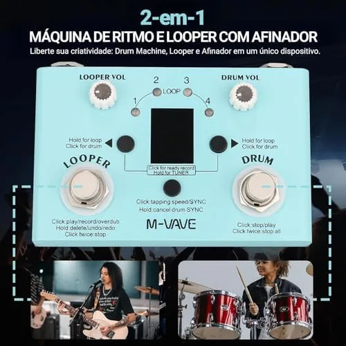 M-VAVE VEDO Pedal de Efeito para Guitarra LOST TEMPO V2 | Looper, Drum Machine com 30 Ritmos, Metrônomo, Tuner de Alta Precisão, Gravação de até 11 Minutos, 4 Loops USB Ideal Prática Estúdio