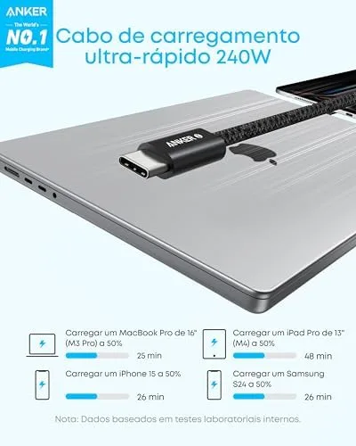 Anker Zolo Cabo USB-C para USB-C (tipo C), 240W de Carregamento Rápido, Trançado e Livre de Sujeira, Conector Fino, para iPhone Série 17/16/15,Xiaomi,Samsung, MacBook (Preto, 1,0 m)