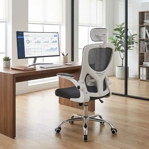 BlidShop Cadeira de escritório ergonômica Bari com apoio de cabeça 2D, tela mesh respirável, apoio lombar, braços ajustáveis, giratória, reclina 180° e suporta até 120kg (Cinza)