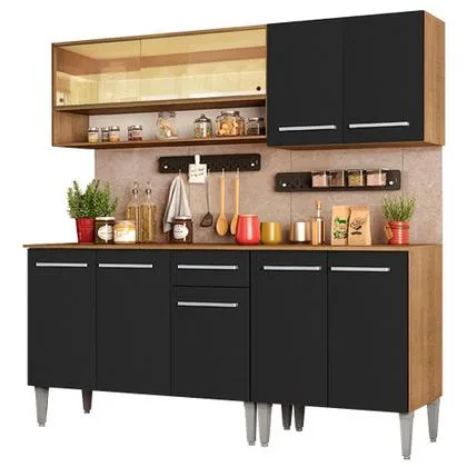 Armário de Cozinha Completa Madesa Emilly Dance com Balcão e Aéreo Vidro Reflex - Rustic/Preto