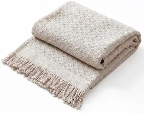 Decolab Manta para Sofá em Algodão com Franjas Artesanais | Cobertor Decorativo para Sofa, Poltrona e Cama | Estilo Boho Chic (Branca-Cru)