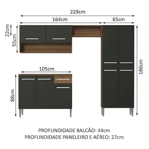 Armário de Cozinha Compacta Madesa Emilly Pop com Balcão - Rustic/Preto - Marrom