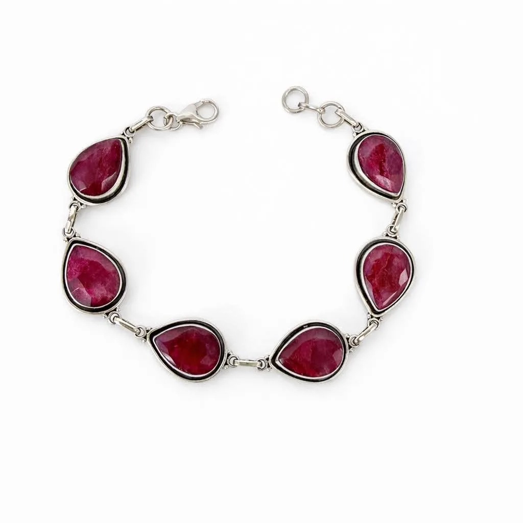 Pulseira Gotas Rubi Indiano Prata de Bali 925