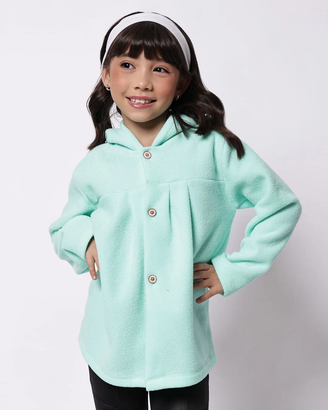 Casaco Infantil Boucle com Pregas e Capuz Verde