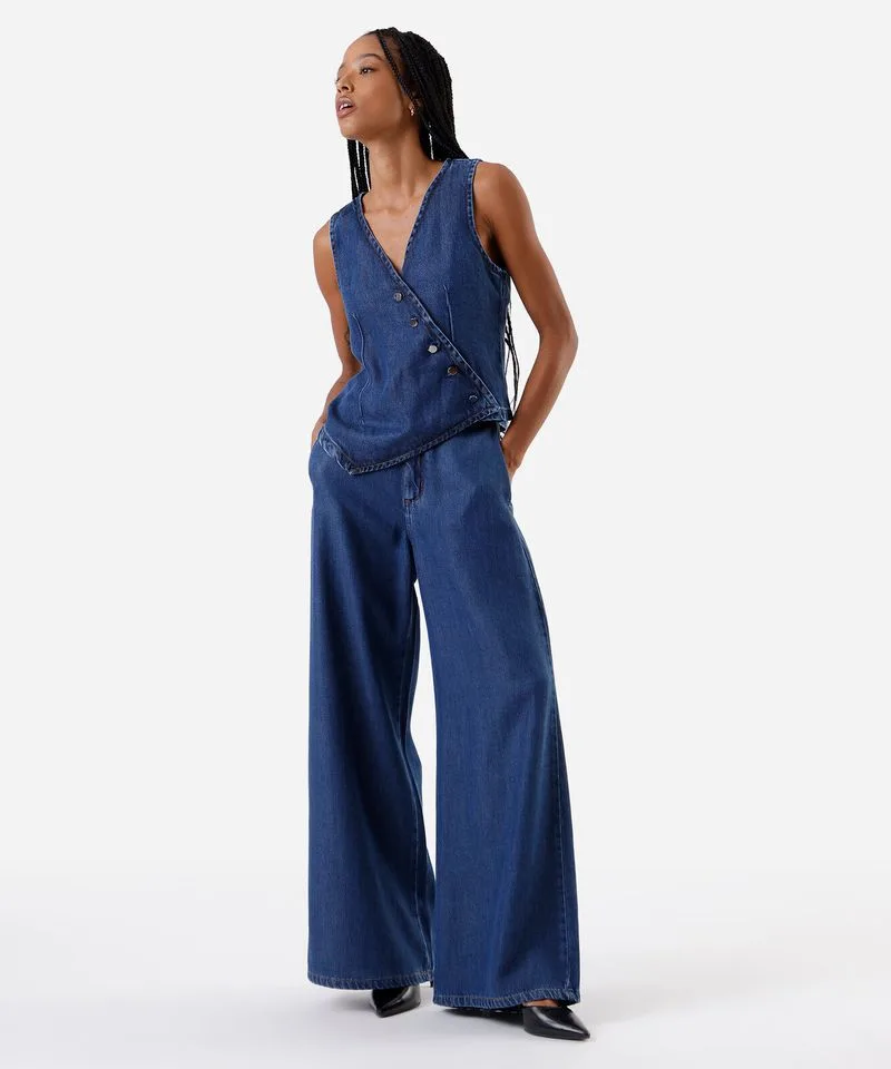 calça super wide leg feminina jeans cintura alta azul