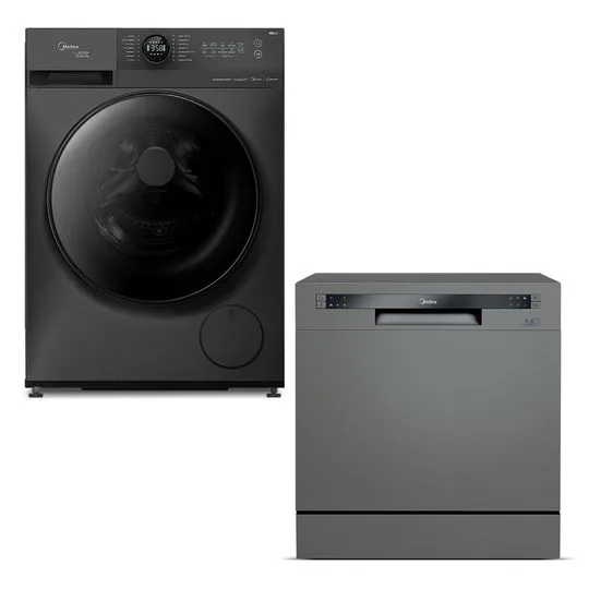 Kit Lava e Seca 10,5kg HealthGuard Titanium Conectada + Lava Louças 8 Serviços Cinza Midea - 2081