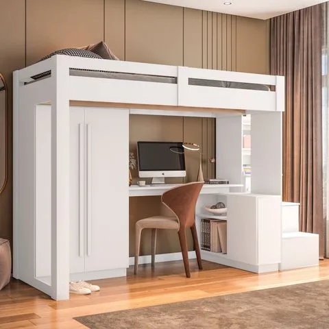 Cama Alta Beliche Office Adulto com Roupeiro e Escrivaninha Moon Yescasa