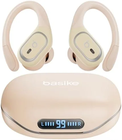 Basike Fone de Ouvido Bluetooth Esportivo TWS 6.0, Som Hi-Fi Estéreo, Intra-Auricular, IPX5 à Prova d’Água, 3 Tamanhos de Pontas para Atividades ao Ar Livre – Bege Claro