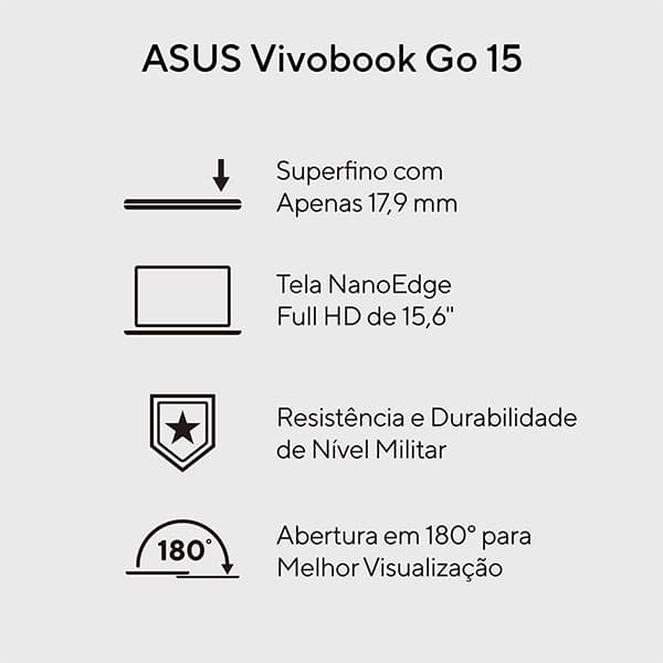 Notebook Asus Vivobook Intel Core I3, 4GB de Memória, Armazenamento 256GB SSD, Windows 11 Home, Prata, Tela de 15,6", E1504GA-NJ441W, ASUS - CX 1 UN