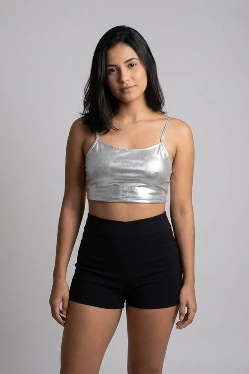 Top Cropped Feminino Prata Metálico Brilhante