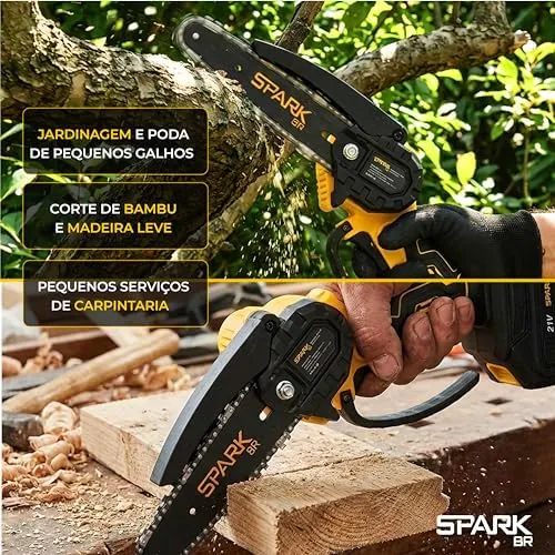 Mini Motosserra Elétrica SparkBR 6" Recarregável 21V 2 Baterias Maleta Corrente Extra Lubrificação LEDIndicador Trava Segurança Acessórios