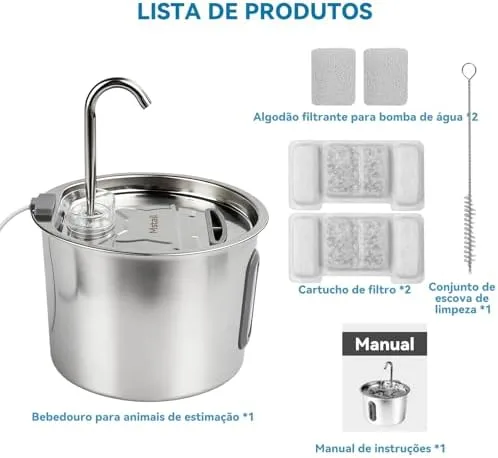 Fonte de Água pra Gato, Bebedouro para Gatos Silenciosa Inox Carvão Ativado LED Indicador Fonte De Água para Cães e Gatos (2,2L, Janela de Visualização Longa)