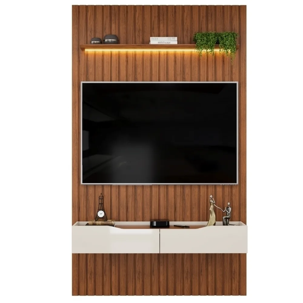 Painel Para Tv Até 55 Polegadas 1,43m Ripado Autêntico Com Led Montreal Com Nicho Efraín Madeirado/Off White
