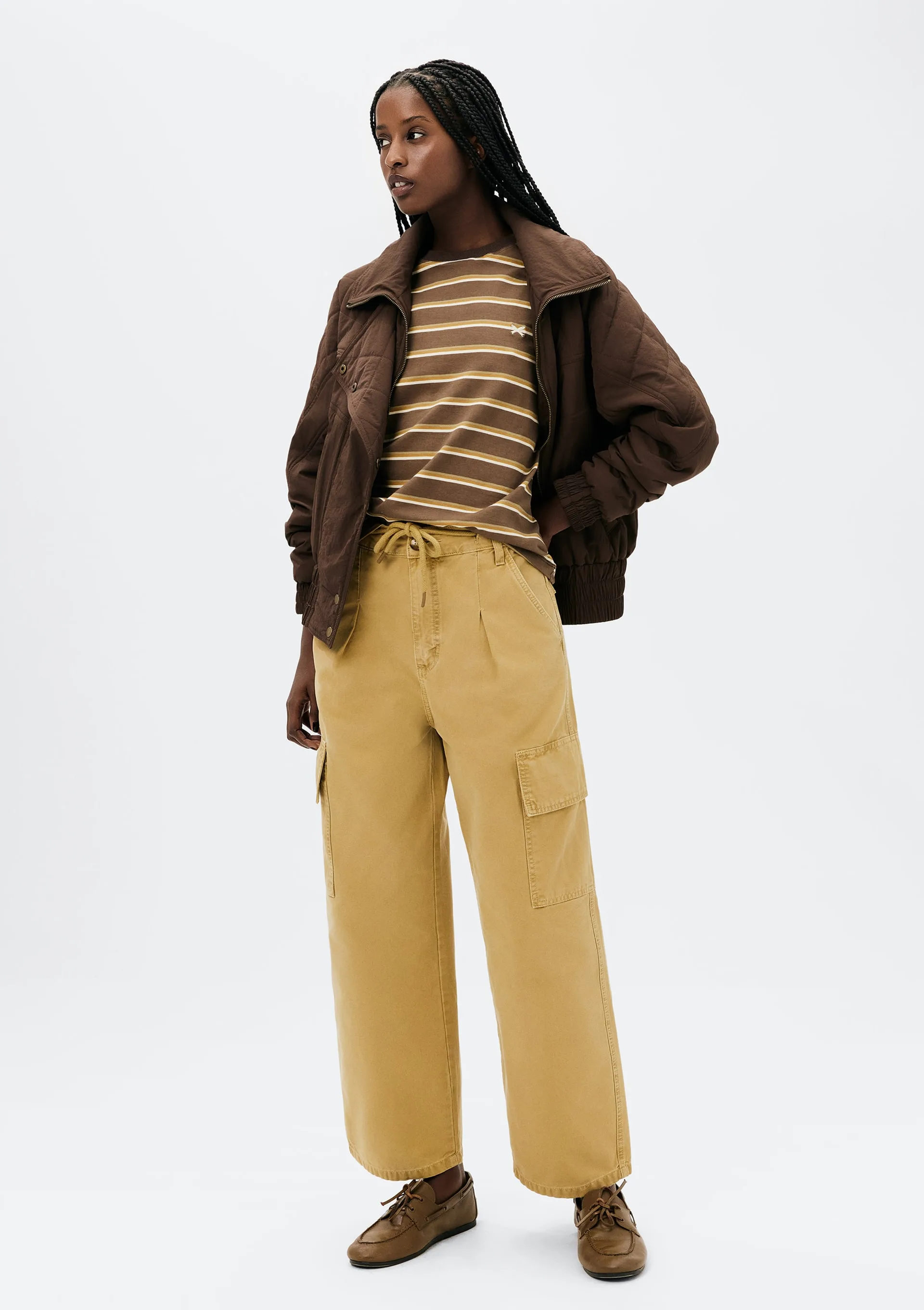 Calça Feminina Barrel Cintura Média Em Sarja - Amarelo