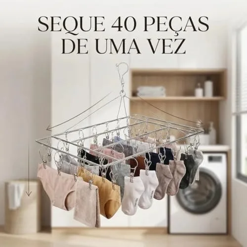 Varal Aço Inox 40 Prendedores Calcinha Meias Cuecas Roupa Íntima Dobrável Lavandeira com Rotação 360º Ideal para Apartamentos Economia de Espaço