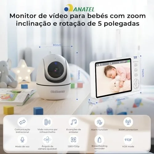 Babá Eletrônica com Tela, 5" 1080p HD Monitor de Bebê com Câmera, baby monitor Sem Wifi, Visão Noturna, Comunicação Bidirecional, Sensor de Temperatura, Panorâmica Inclinação, 110/220v