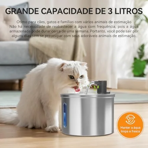 NEWPET Bebedouro Fonte Agua Filtro Silenciosa Inox, Fonte Pra Gatos com Torneira Janela de Nível de água Bomba Ultra Silenciosa,Bivolt (Inox, 3L)