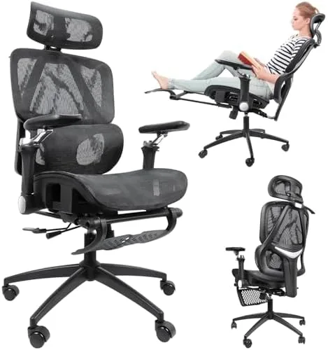 Hivento Cadeira de Escritório Ergonômica com Encosto Ajustável de 145°, Apoio para os Pés, Apoio Lombar e Apoio de Cabeça Ajustáveis, Braços 9D e Capacidade de Carga de até 150 kg
