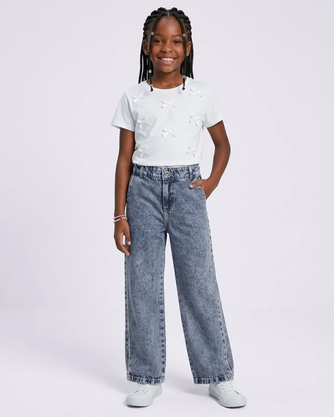 Calça Jeans Infantil Wide Leg Marmorizado Strass Azul
