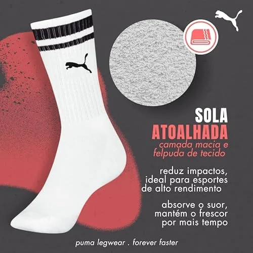 Kit 3 Pares Meia Cano Alto Puma Longo Esportiva Sola Atoalhada Algodão Masculino