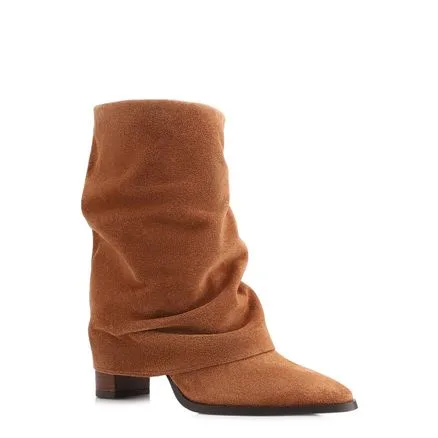 Bota Capa Drapeada - Couro Camurça Marrom Claro