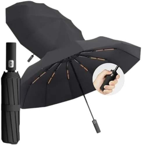 Guarda Chuva com Botão Automático Reforçado – Compacto, Resistente ao Vento, Proteção Solar UV, Blackout, Dobrável - Guarda Chuva Portátil para Bolsa/Mochila - Shop100