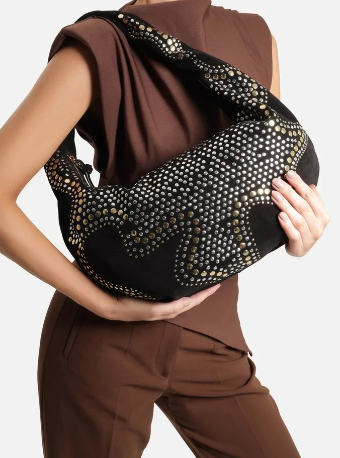 Bolsa Hobo Preta Couro Média Strass