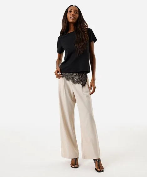 calça de alfaiataria wide leg feminina com pregas bege