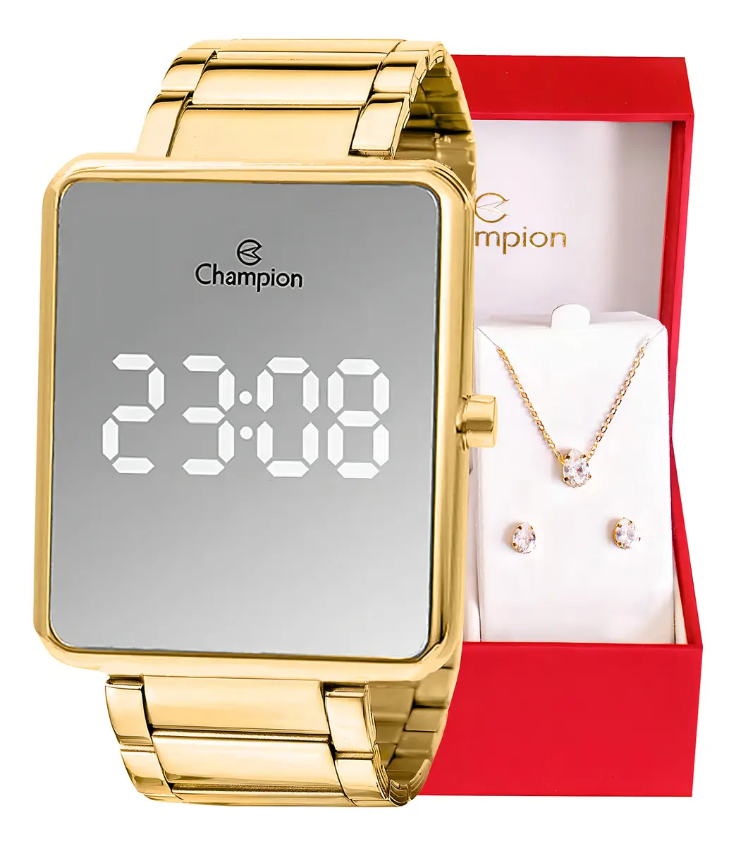 Kit Relógio Feminino Champion Digital Dourado Quadrado Correia Dourado 2 Fundo Espelhado