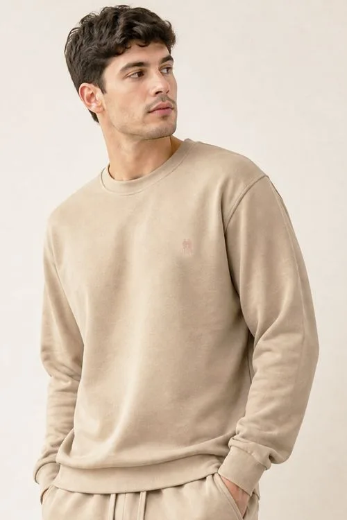 Blusa Moletom Confortável Gola Careca Polo Wear Bege Médio
