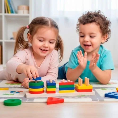Brinquedo Educativo Encaixe Formas Geométricas Multicoloridas em Madeira MDF, Jogo Pedagógico Infantil 3+, 4 Colunas Premium