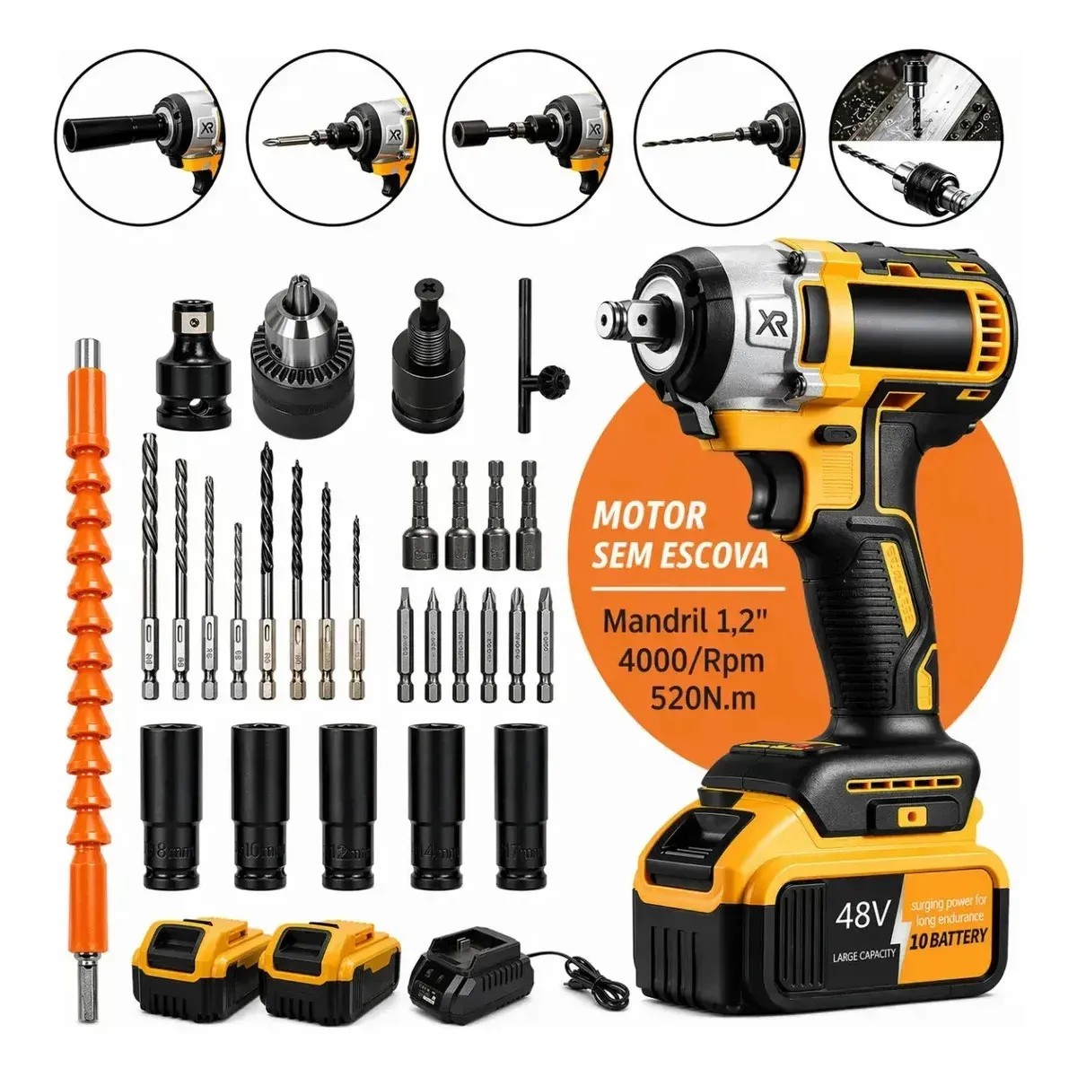 Chave De Impacto Com 2 Baterias Furadeira Parafusadeira Profissional Mandril 1,2 Quadrado Torque 520n.m 0-4000 Rpm... 48v 50 Hz/60 Hz Amarelo E Preto