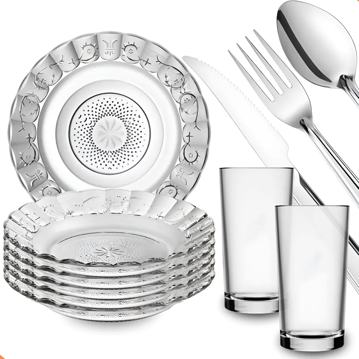 Aparelho De Jantar 30 Peças - Pratos + Copos + Talheres Inox