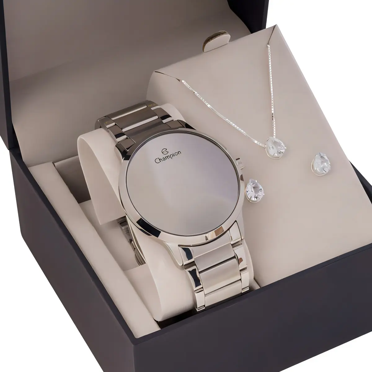 Relógio Feminino Champion Digital Prata 42 Milímetros Display Espelhado Led Branco Prova D´agua 50m Com Calendário Pulseira Aço Inoxidável Prata Redondo